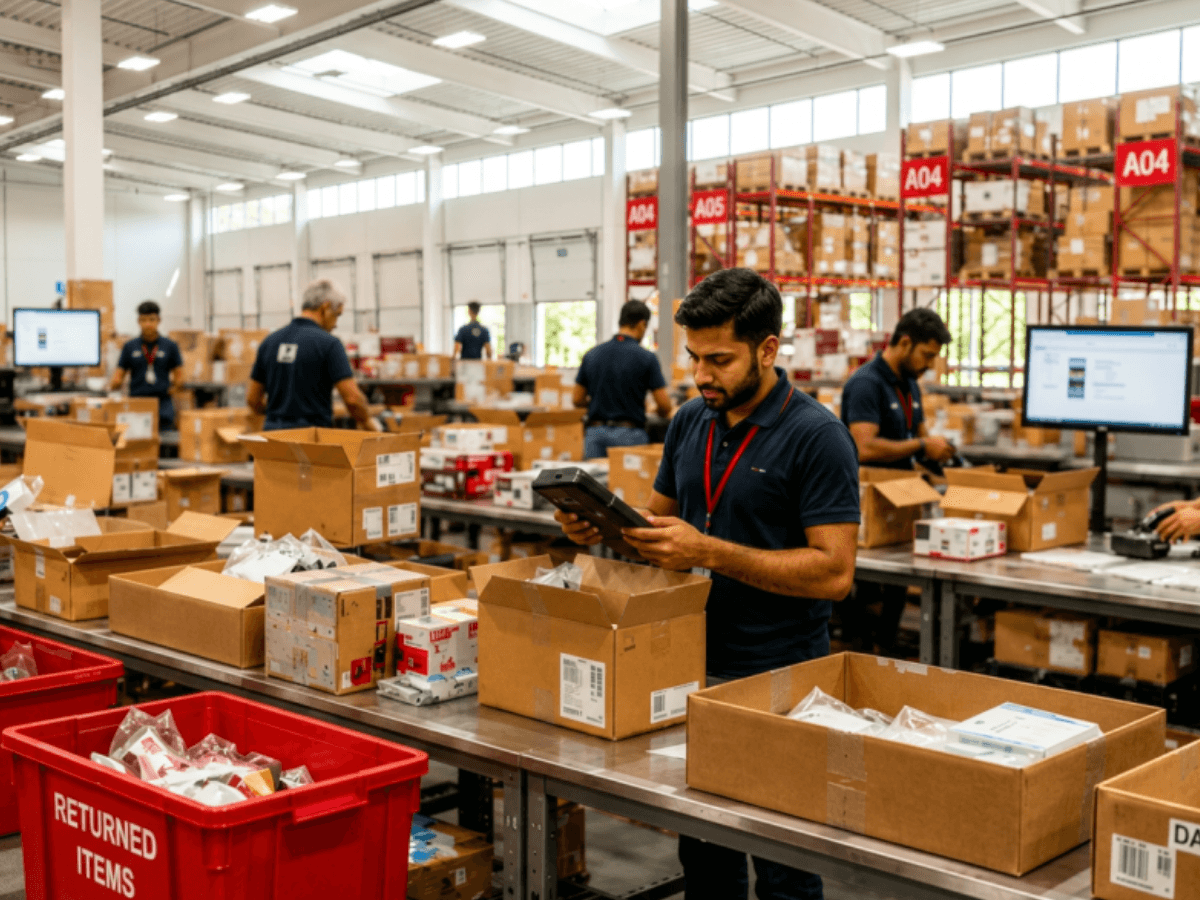 Returns processing station with sorted inventory bins