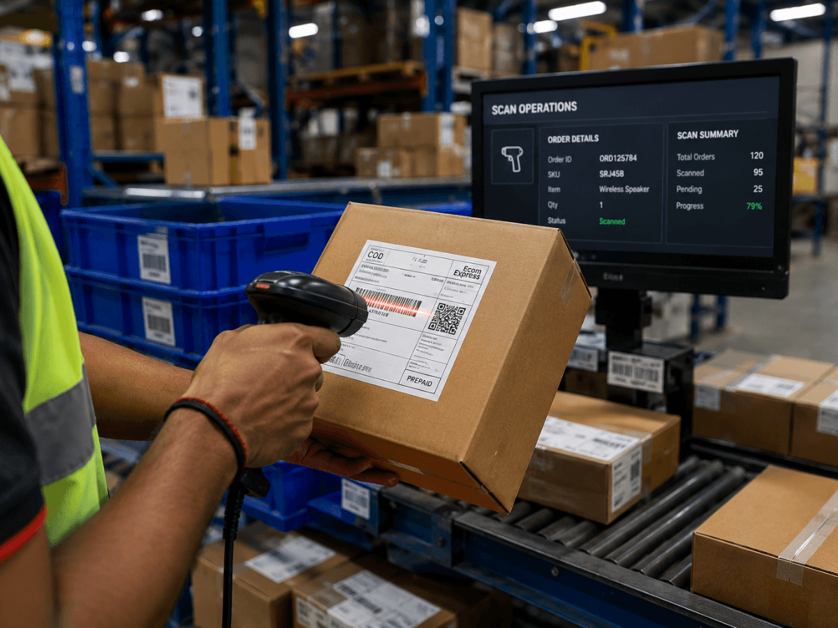 Operator scanning a package with live scan operations dashboard